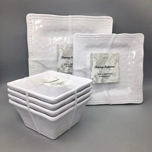 12pc Tommy Bahama White Melamine Dinner Salad Plate Bowl Set Square Dotted Edge - Picture 1 of 7