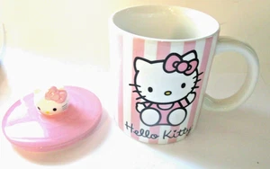 Hello Kitty Pink Striped Ceramic 18 oz Coffee 4-1/2" Mug with Lid 2022 - Picture 1 of 10