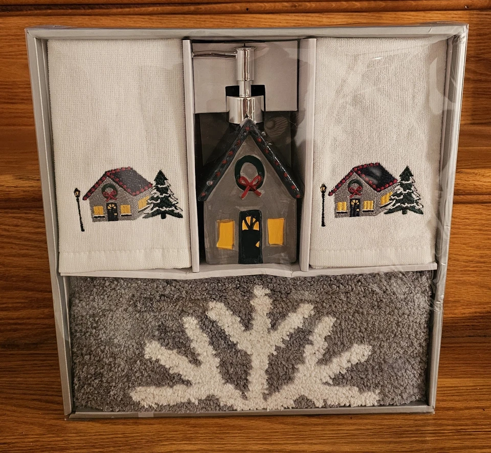 Juego de regalo de baño de vacaciones dispensador de loción alfombra de baño 2 toallas de mano NUEVO en paquete Foto 1 de 4