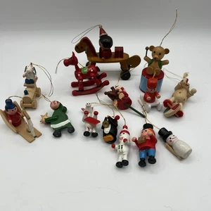 Vintage Lot 14 Mini Wooden Christmas Ornaments Rocking horse penguin xmas - Picture 1 of 10