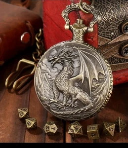 Engraved Dragon Pocket Case 7pc Bronze Color Metal Polyhedral DND Dice Set - Picture 1 of 8