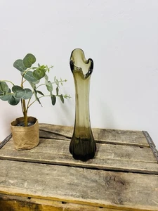 Vintage MCM 5-Fingered Amber Smoke Glass Swung Vase Translucent 11" Hand Blown - Picture 1 of 3