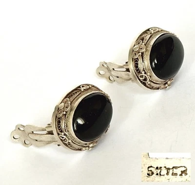 Orecchini Vintage/ Clip Con Onice Nero? Argento Cina Intorno Al 1960 Z157 - Immagine 1 di 4