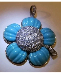 Ross Simons Simulated Italian Turquoise CZ Flower Necklace Pendant  - Picture 1 of 8
