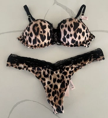 Victoria’s Secret VERY SEXY Bra & Panty Set Leopard Black Lace Trim 36B/Md NWT - Image 1 of 3