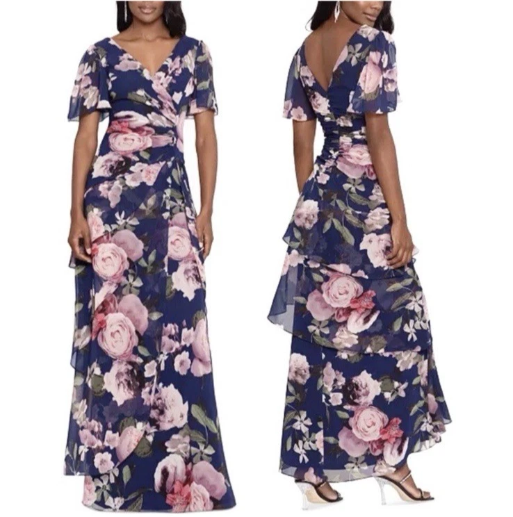 XSCAPE Formal Gown 14 Long Blue Pink Garden Floral Chiffon Flowy Tiered