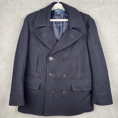 Vintage Polo Ralph Lauren Wool Double Breasted Pea Coat Mens XL Navy Anchors - Image 1 of 4