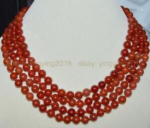 Stunning 4 rows natural red chalcedony agate round gems beads necklace 17-20''