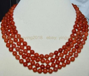 Stunning 4 rows natural red chalcedony agate round gems beads necklace 17-20'' - Picture 1 of 3