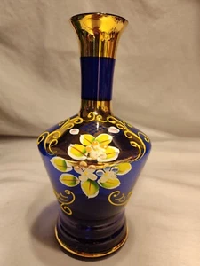 Antique Czech Cobalt Blue Glass Decanter 22k Gold Enamel Painted Flowers - Picture 1 of 14