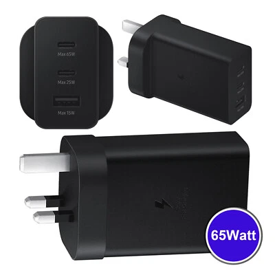 Official Samsung 65W Charger Super Fast 3 Pin UK  Plug 2 USB-C 1 USB-A In Black - Image 1 of 4