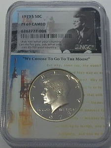 1973 S NGC PF69 Cameo Clad Proof Kennedy Half Dollar 50c To The Moon Label - Picture 1 of 3