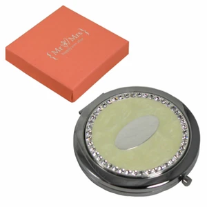 Wedding Gift - Compact Mirror with Engraving Plate - Ivory & Diamanté Detail - Picture 1 of 3