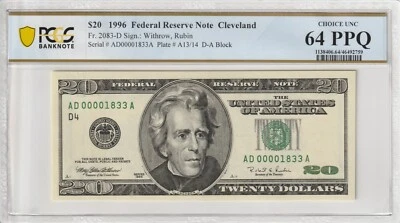 $20 1996 FRN Fr# 2083-D ADA Block PCGS Gem UNC 64 PPQ Cleveland Low Serial # - Image 1 of 2