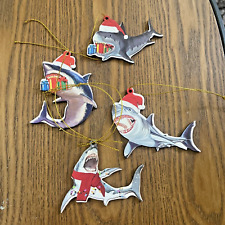 4 Shark Christmas Ornament In Scarves Wooden Hanging Figurine Tree Decor U16e