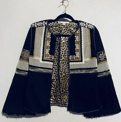 Boston Proper Jacket Womens Small Black Boho Embroidered Fringe Open Front Y2K - Image 1 of 4