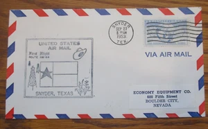 COVER CACHET FIRST FLIGHT AIR MAIL 1953 "ROUTE A.M. 64 SNYDER, TEXAS - Picture 1 of 4