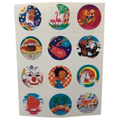 Folha adesiva vintage LISA FRANK S102 palhaço unicórnios corações Betty arco-íris - Imagem 1 de 4