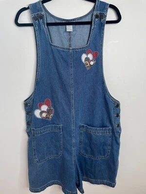 VTG HAIK BLUE JEAN DENIM ROMPER JUMPER SHORT OVERALLS EMBROIDERED HEART PATCH*L - Image 1 of 4