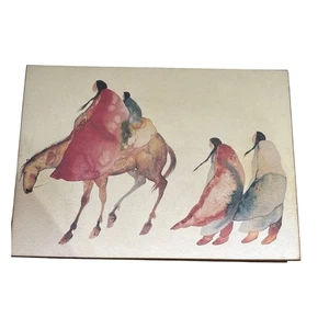 Vintage Holz Schmuck Schmuckkästchen Indianer Pferd Aquarell Kunst - Bild 1 von 7