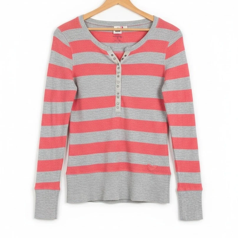 Top Henley térmico a rayas Roxy para mujer M Y2K años 90 patinador surfista costero preppy Foto 1 de 4