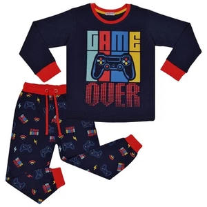 Kids Girls Boys Pyjamas Game Over Contrast Top Bottom 2 Piece PJS Sleepwear Set - Picture 1 of 11