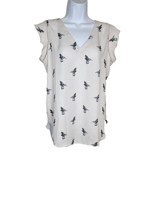 LOFT колибри печать верхний кремовый кружевной отделки трепетать рукав размер S новый с Ярлыками - Изображение 1 из 4