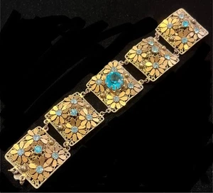 "Pulsera vintage de eslabones florales de diamantes de imitación azules 7,25" X 1,25""" - Imagen 1 de 5