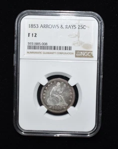 1853 Seated Liberty Quarter Arrows & Rays 25 Cent Silver Coin - NGC Fine 12 - Picture 1 of 4