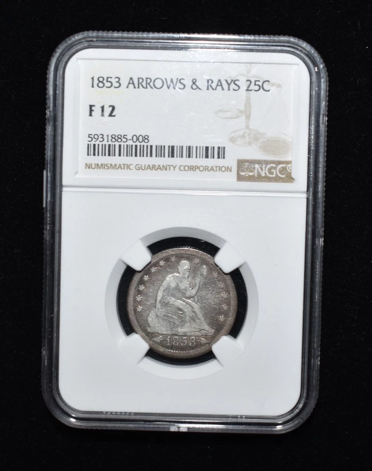 1853 Seated Liberty Quarter Arrows & Rays 25 Cent Silver Coin - NGC Fine 12 - Image 1 of 4