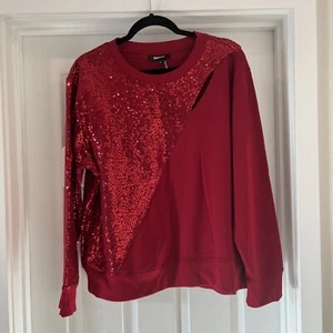 DKNY Sequined Cut-Out Pullover Sweatshirt Women XL Red Keyhole Holiday - Picture 1 of 6