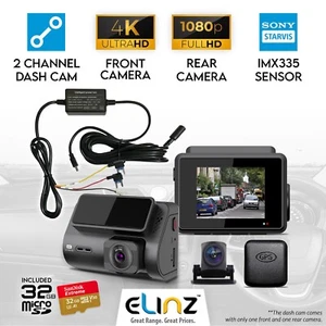 Elinz 2 Channel Dash Cam 4K+1080P WiFi GPS Sony Starvis Car DVR 32GB U3 Card HW - Picture 1 of 16