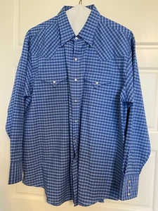 PLAINS WESTERN WEAR XL Pearl Snap Blue Check Cowboy Shirt Wrinkle Resistant - Picture 1 of 10