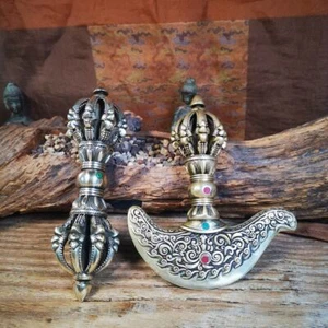Vintage Tibetan Tantric Buddhism Ritual Implements,Nine Pronged Vajra & Kartika - Picture 1 of 10