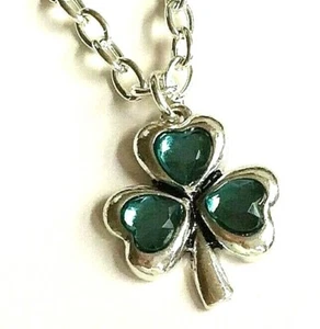Silver Irish Green Shamrock Necklace 23" X-Long Celtic St Patricks Day Plated - Picture 1 of 12
