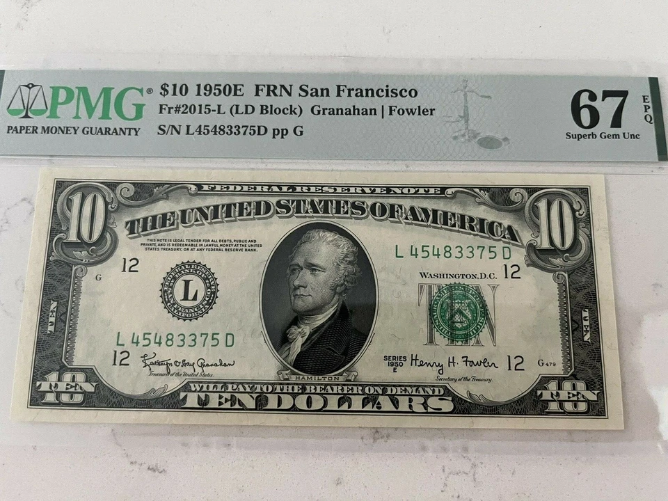 1950E $10 FRN San Francisco PMG 67EPQ FR-2015-L  Granahan Fowler - Image 1 of 4