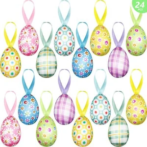 24 PCS Easter Eggs Hanging Ornaments, Buffalo Plaid Dots Easter Hanging Eggs,... - Picture 1 of 7