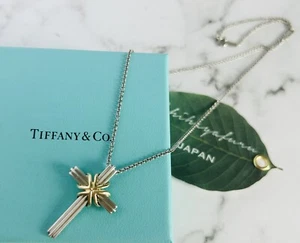 Tiffany & Co. Signature Cross Silver 925 18K Gold Pendant Necklace Poach OR BOX - Picture 1 of 16