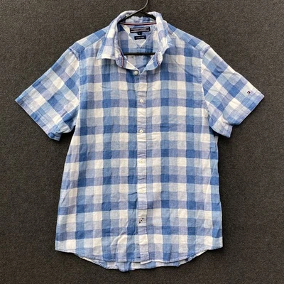 Tommy Hilfiger Mens Large Short Sleeve Button Up Shirt Blue Check Cotton Linen - image 1 of 4