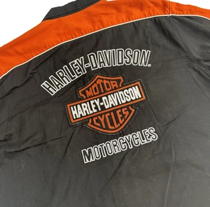 Harley Davidson Mechanic Button Up Shirt Men's 3XL Short Sleeve Black Orange - Picture 1 of 9