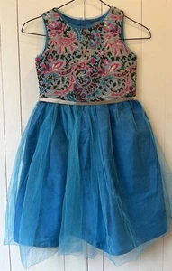 Girls Party Tulle Floral Dress A.T.U.N All Things Uber Nice Size 6-7 Aqua Turq - Picture 1 of 13