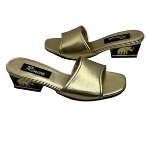 RENICA VTG Gold Sandals Women's Size 7 80's 90's block heels Elephant Accent - Picture 1 of 9