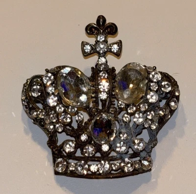 Vintage Big Royal Crown Rhinestone Domed Brooch Pin - Image 1 of 4