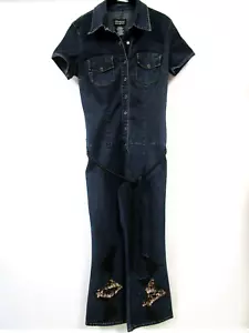 NO BOUNDARIES JEAN EMBELLISHED SHORT SLEEVE BELTED JUMPSUIT SIZE M JUNIOR - Picture 1 of 12