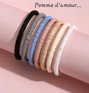 X 7 Bracelets élastiques, perles heishi, Tons Noir, Rose, Neuf - Imagen 1 de 1