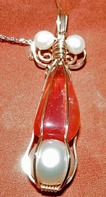 Colgante único ámbar enjaulado 3 perlas reales oro 14k con collar de oro 14K de 16 pulgadas Foto 1 de 3