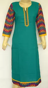 Indian Green Solid Kurti Traditional Designer Top Women Tunic Casual Dress - Picture 1 of 4