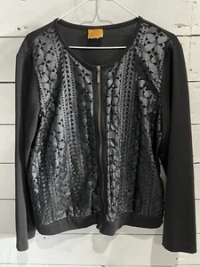 Women’s Large Black Faux Leather Ruby Rd Zip Jacket Cutout Design Lightweight - Picture 1 of 11