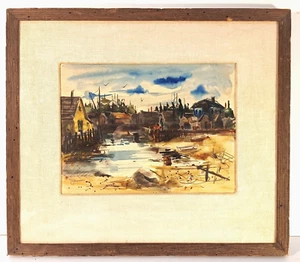 1959 ORIGINAL WATERCOLOR HARBOR VILLAGE SIGNED JAMISON ORIGINAL WORMWOOD FRAME - Picture 1 of 9