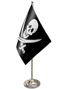 JACK RACKHAM PIRATE DELUXE SATIN TABLE FLAG 9"X6" CHROME POLE & BASE 15" - Picture 1 of 1